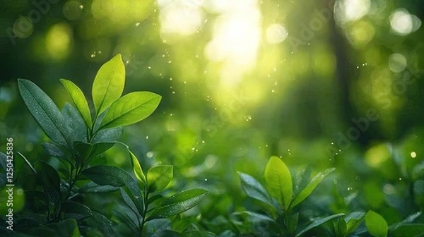 Fototapeta A soft, blurred background featuring gradients of green hues with light spots creating a bokeh effect,