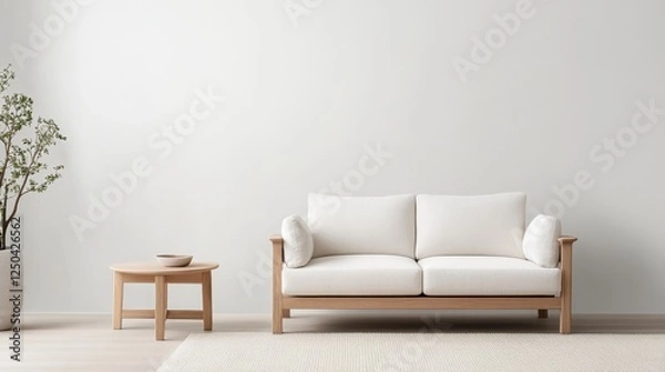 Obraz Modern minimalist living room scene featuring a stylish white sofa and a wooden side table beside a plant