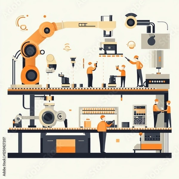 Fototapeta Modern industrial workspace with robotic automation and human collaboration.
