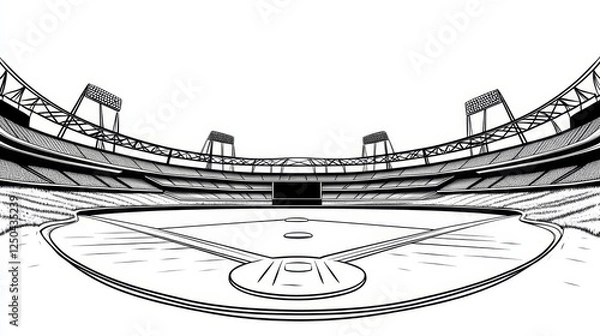 Obraz Baseball Stadium Illustration - Black and white illustration of an empty baseball stadium, viewed from a low angle, showing the entire field and stands.