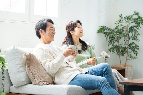 Fototapeta リビングでティータイムする50代夫婦