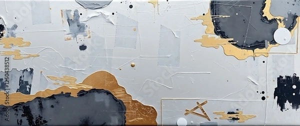 Obraz A mixed-media artwork depicting a stylish background with  textured layers of acrylic paint and metallic leaf accents in shades of silver and bronze, with  an abstract expression.