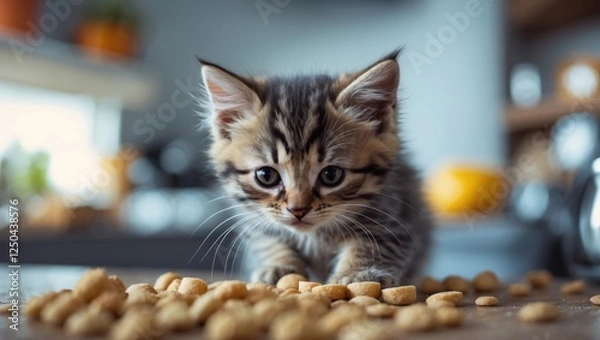 Fototapeta Playful kitten exploring scattered cat food in a cozy kitchen setting, showcasing curiosity and hunger in a delightful domestic environment.