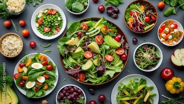 Fototapeta Assorted Fresh Salads Displayed on Dark Background Seasonal Healthy Eating Concept Flat Lay Arrangement Rich in Color and Texture