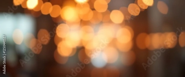 Obraz A photographic image of a stylish bokeh background with  out-of-focus lights creating a soft glow in warm gold and amber tones, showcasing a shallow depth of field effect.