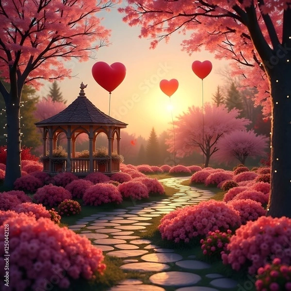 Obraz  A serene path lined with vibrant pink flowers leads to a charming gazebo nestled in the greenery. 