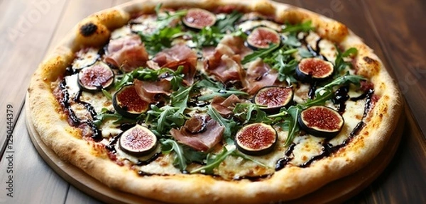 Fototapeta A gourmet pizza with figs, prosciutto, and arugula on a crispy crust with a swirl of balsamic glaze