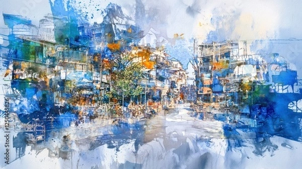 Obraz Artistic City Street Scene, Vietnam, Busy Day, Watercolor Style, Travel Poster