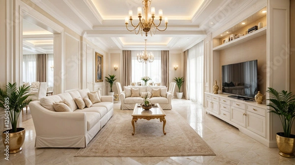 Fototapeta This image depicts a luxurious living room with cream-colored furniture and a coffee table, all arranged on a large beige rug.	

