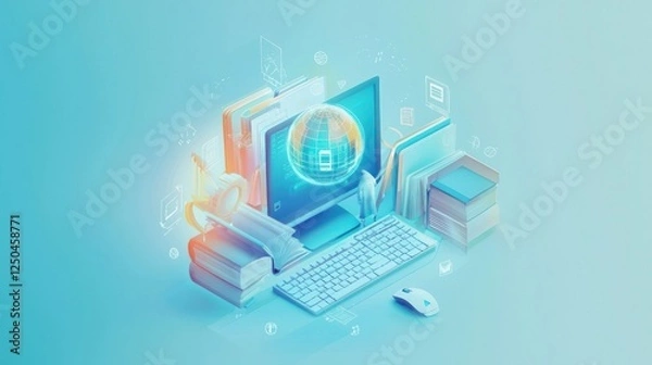 Obraz Global online education books, computer, and world map