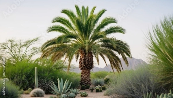 Fototapeta Lush desert landscape featuring a tall palm tree with surrounding plants including cacti and bushes in a serene and tranquil setting.