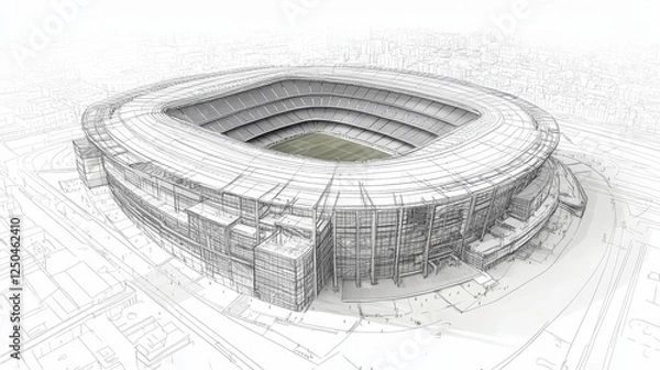 Fototapeta Modern Stadium Architectural Design - Sketch of a large modern stadium, showcasing its architectural design and surrounding landscape.