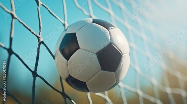 Fototapeta Soccer Ball in Net - Close-up of a soccer ball in the back of a net, outdoors on a sunny day.