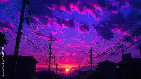 Fototapeta Violet neon glow sky, set against a surreal backdrop, evoking a sense of futuristic energy and otherworldly beauty.