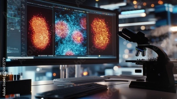 Fototapeta Advanced Research: Microscope and Cell Analysis on Screen in a Modern Lab
