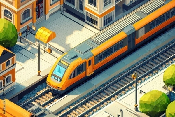 Fototapeta Low-poly stylized cityscape with train at station.