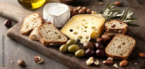 Fototapeta A selection of artisanal bread and cheese with olives and nuts on a rustic wooden board