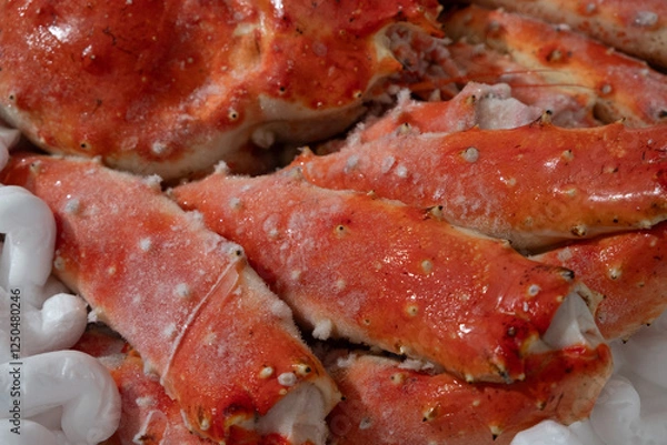 Fototapeta 高級シーフードの王様！発泡スチロールに梱包された冷凍タラバガニ。贈答用やお歳暮、お中元に最適な豪華な海の幸。新鮮なカニの甘みを家庭で楽しめる絶品グルメ。冬の味覚として鍋や焼きガニ、カニしゃぶにもおすすめ！