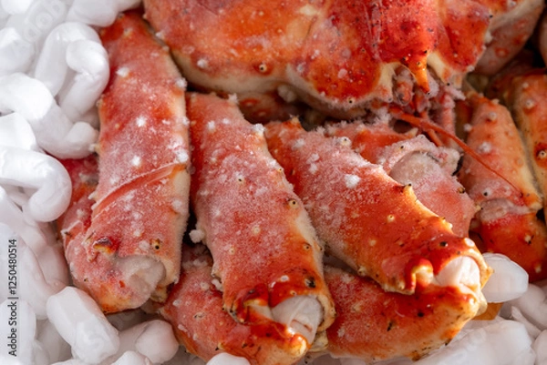 Fototapeta 高級シーフードの王様！発泡スチロールに梱包された冷凍タラバガニ。贈答用やお歳暮、お中元に最適な豪華な海の幸。新鮮なカニの甘みを家庭で楽しめる絶品グルメ。冬の味覚として鍋や焼きガニ、カニしゃぶにもおすすめ！