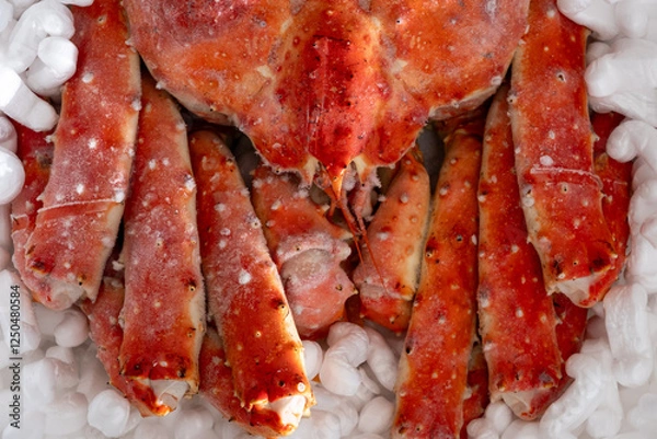 Fototapeta 高級シーフードの王様！発泡スチロールに梱包された冷凍タラバガニ。贈答用やお歳暮、お中元に最適な豪華な海の幸。新鮮なカニの甘みを家庭で楽しめる絶品グルメ。冬の味覚として鍋や焼きガニ、カニしゃぶにもおすすめ！