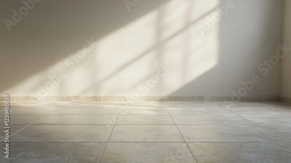 Fototapeta A sunlit room with a smooth floor and a light shadow cast on the wall, creating a serene and minimalist atmosphere.
