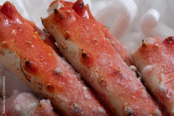 Fototapeta 高級シーフードの王様！発泡スチロールに梱包された冷凍タラバガニ。贈答用やお歳暮、お中元に最適な豪華な海の幸。新鮮なカニの甘みを家庭で楽しめる絶品グルメ。冬の味覚として鍋や焼きガニ、カニしゃぶにもおすすめ！