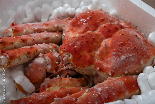 Fototapeta 高級シーフードの王様！発泡スチロールに梱包された冷凍タラバガニ。贈答用やお歳暮、お中元に最適な豪華な海の幸。新鮮なカニの甘みを家庭で楽しめる絶品グルメ。冬の味覚として鍋や焼きガニ、カニしゃぶにもおすすめ！