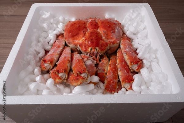 Fototapeta 高級シーフードの王様！発泡スチロールに梱包された冷凍タラバガニ。贈答用やお歳暮、お中元に最適な豪華な海の幸。新鮮なカニの甘みを家庭で楽しめる絶品グルメ。冬の味覚として鍋や焼きガニ、カニしゃぶにもおすすめ！