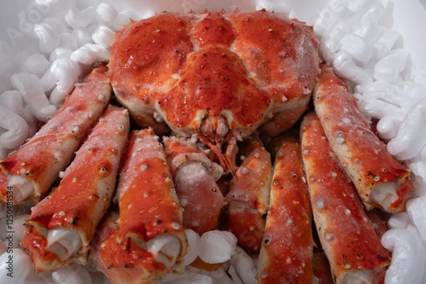 Fototapeta 高級シーフードの王様！発泡スチロールに梱包された冷凍タラバガニ。贈答用やお歳暮、お中元に最適な豪華な海の幸。新鮮なカニの甘みを家庭で楽しめる絶品グルメ。冬の味覚として鍋や焼きガニ、カニしゃぶにもおすすめ！