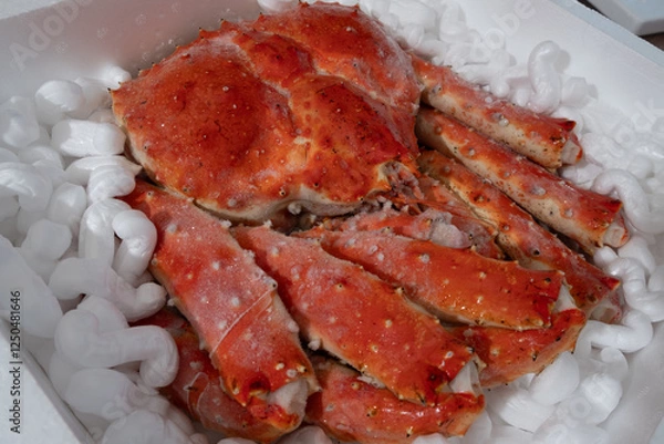 Fototapeta 高級シーフードの王様！発泡スチロールに梱包された冷凍タラバガニ。贈答用やお歳暮、お中元に最適な豪華な海の幸。新鮮なカニの甘みを家庭で楽しめる絶品グルメ。冬の味覚として鍋や焼きガニ、カニしゃぶにもおすすめ！