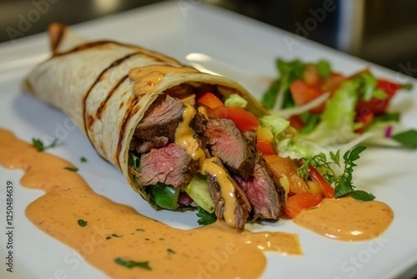 Fototapeta A close-up of a freshly prepared beef wrap sandwich filled with tender slices of beef, crisp vegetables, and a drizzle of mustard sauce, neatly presented on a white plate.