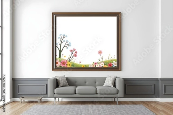 Fototapeta 3d render. Modern living room with a plush couch and a vibrant painting on the wall, creating a cozy ambiance
