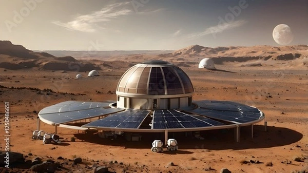 Fototapeta A highly advanced AI-managed planetary colony powered entirely by solar energy, where AI monitors climate conditions, distributes power efficiently, and autonomously builds solar infrastructure to sus