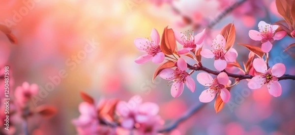 Fototapeta Beautiful cherry blossom flowers in soft pastel colors during spring season, copy space for text