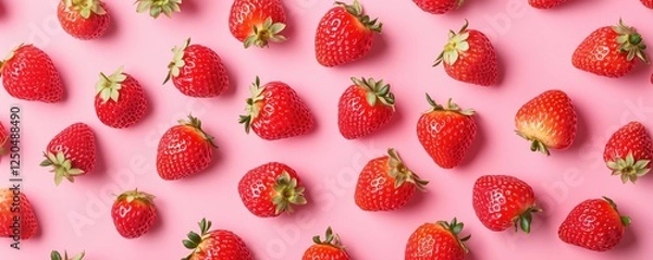 Fototapeta Fresh strawberries arranged on pink background for vibrant food photography, copy space for text