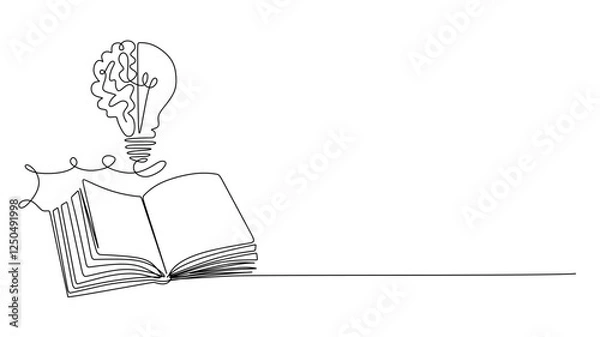 Obraz One line drawing of glowing light bulb with human brain over open textbook logo identity. continuous line drawing design graphic vector illustration