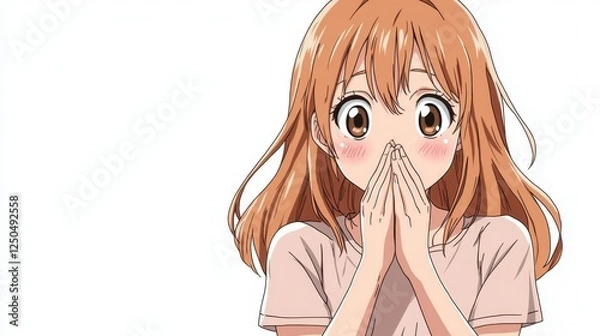 Obraz Surprised Anime Girl: A charming anime-style girl with long, light orange hair is depicted with hands covering her mouth in a surprised or shy expression, blushing slightly.