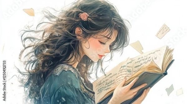 Obraz Lost in the Pages:  A captivating illustration of a young woman with flowing dark hair, her eyes closed as she immerses herself in a well-worn book. Light filters through the pages.