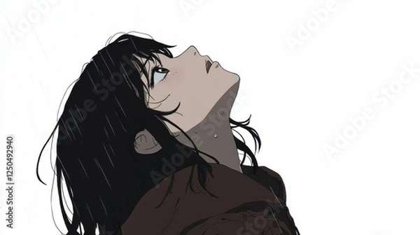 Obraz Melancholy Gaze: A young woman with long dark hair, looking up at the sky in the rain, evokes feelings of quiet contemplation and introspection. The minimalist style enhances the emotional impact.