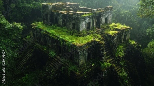 Obraz Overgrown Ruins in Lush Jungle: An ancient, moss-covered stone structure clings to a jungle hillside, its weathered walls and overgrown stairs hinting at a forgotten civilization.