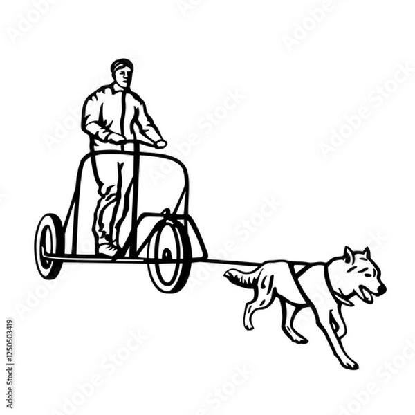 Fototapeta isolated illustration of dog carriage , black and white vector drawing, white background