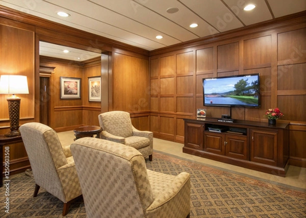 Fototapeta A warm and inviting living room featuring elegant wooden paneling, plush seating, and a mounted television, perfect for relaxation and entertainment