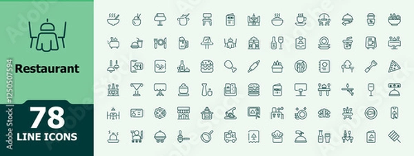 Fototapeta Restaurant icons set in linear style. Containing cafe, meal, kitchen, plate, dinner and more. Minimal icons. Editable vector stroke.