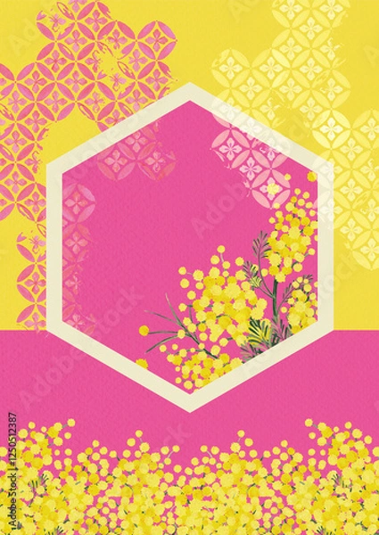 Obraz 和柄とミモザの背景素材　アカシア　和風　花柄　ジャパニーズモダンイベントチラシ