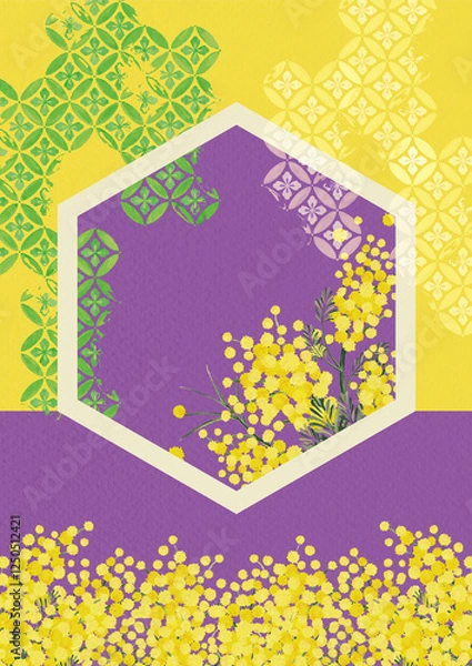 Obraz 和柄とミモザの背景素材　アカシア　和風　花柄　ジャパニーズモダンイベントチラシ