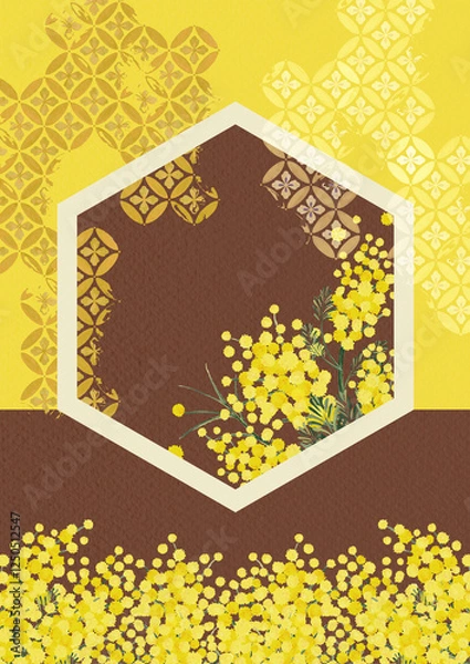 Fototapeta 和柄とミモザの背景素材　アカシア　和風　花柄　ジャパニーズモダンイベントチラシ