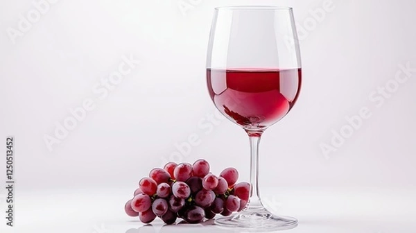 Fototapeta A premium red wine glass with a small bunch of grapes, arranged cleanly on a white surface with room for text.