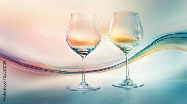 Fototapeta A refined composition of two elegant wine glasses, shimmering with soft golden and pastel tones.