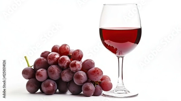 Fototapeta A rich glass of red wine accompanied by a bunch of grapes, elegantly displayed on a pure white background.