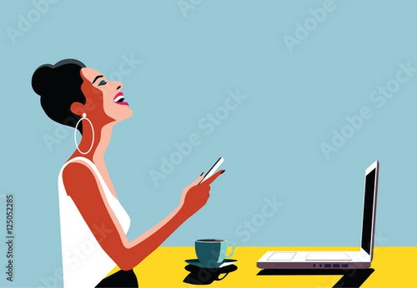 Fototapeta Happy Young Beautiful Woman Using Smartphone and Laptop, Indoors. Retro vintage illustration, pop art, vector illustration.